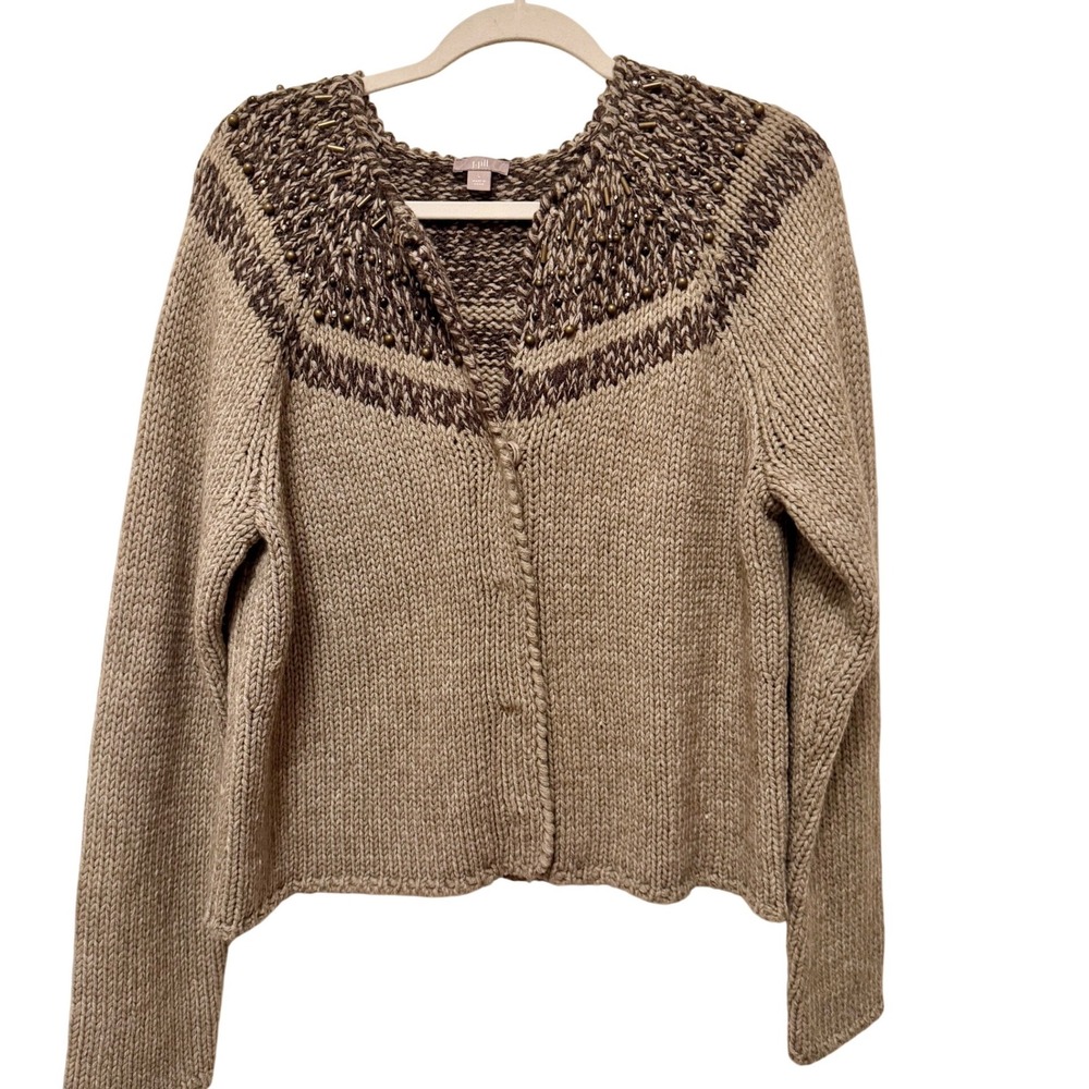 J. Jill Womens Large Brown Beaded Yoke Chunky Knit Cardigan Sweater boho